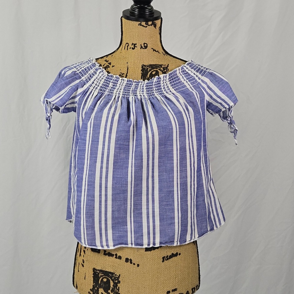 Gemstone S Blue White Striped Bardot Peasant Top Smocked Cotton Blouse